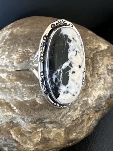 White Buffalo Turquoise Navajo Ring | Sterling Silver | Sz 11 | Authentic Native American Handmade | 16389