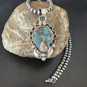 Navajo Blue Turquoise Pendant Necklace | Sterling Silver Pearls | Authentic Native American Handmade | 15644