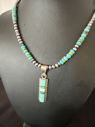 Navajo Green Gaspeite Turquoise Inlay Pendant Necklace | Sterling Silver | Authentic Native American Handmade | 16013
