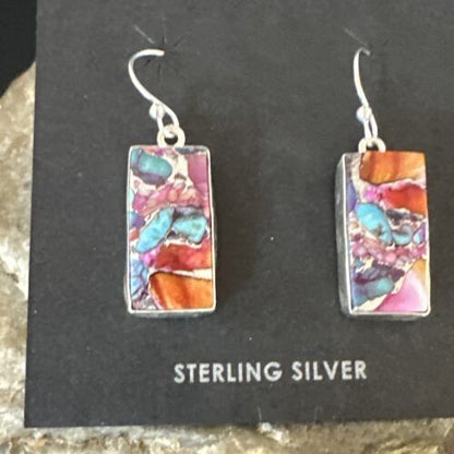 Navajo Blue Turquoise & Red Spiny Oyster Inlay Dangle Earrings | Sterling Silver | Native American Handmade | 15576