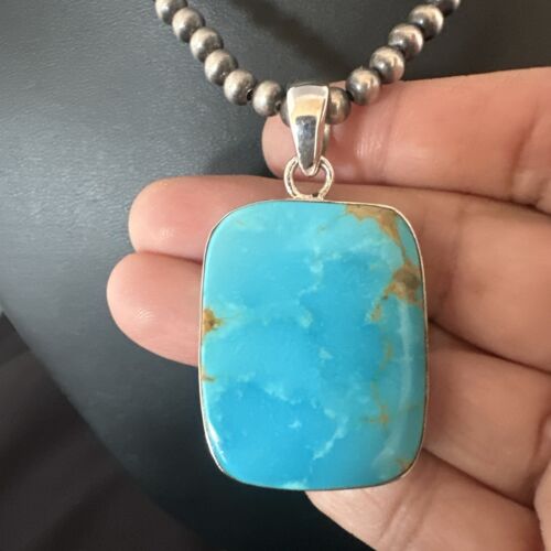 Navajo Blue Kingman Turquoise Pendant Necklace | Sterling Silver Pearls | 20" | 16699