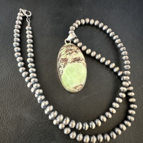 Navajo Green Gaspeite Pendant Necklace | Sterling Silver | Authentic Native American Handmade | 15481