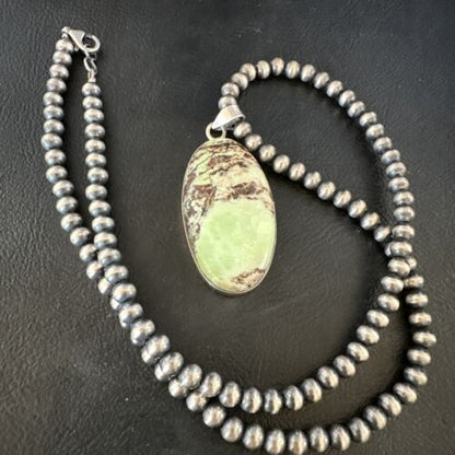 Navajo Green Gaspeite Pendant Necklace | Sterling Silver | Authentic Native American Handmade | 15481