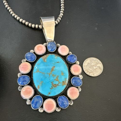 Navajo Multi-Stone Necklace | Lapis, Pink, Blue Turquoise | Sterling Silver | 17456