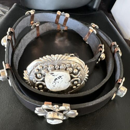 Navajo White Buffalo Turquoise Concho Belt | Sterling Silver | 50" Buckles | Authentic Native American Handmade | 15527