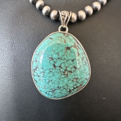 Men's Navajo Blue Spiderweb Turquoise Pendant Necklace | Sterling Silver | Authentic Native American Handmade | 16216