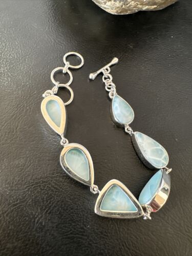 Navajo Blue Larimar Bracelet | Sterling Silver Link | 8" | Authentic Native American Handmade | 16082