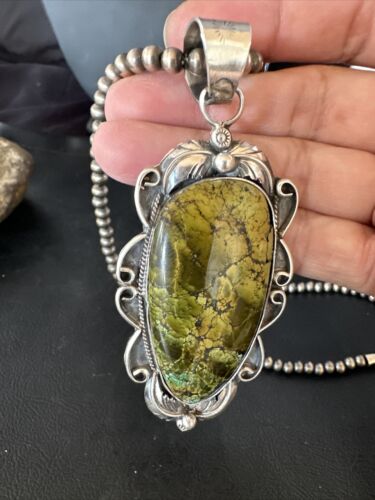 Navajo Green Turquoise Pendant Necklace | Sterling Silver Beads | Authentic Native American Handmade | 14852