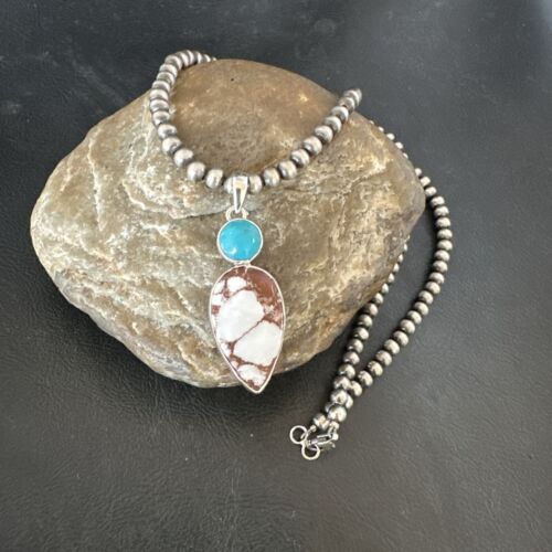 Navajo Wild Horse Blue Kingman Turquoise Necklace | Sterling Silver | Authentic Native American Handmade | 17318