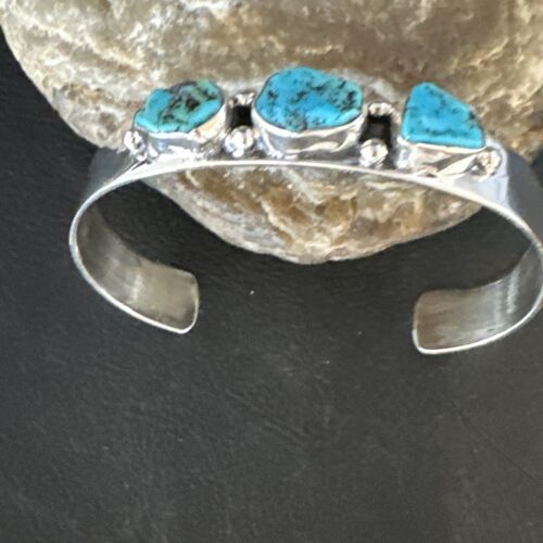 Navajo Blue Kingman Turquoise 3 Stone Cuff Bracelet | Sterling Silver | Authentic Native American Handmade | 15044