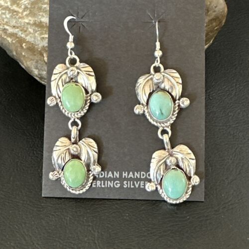 Navajo Blue Green Turquoise Dangle Earrings | Sterling Silver | 1.5" | Authentic Native American Handmade | 17386