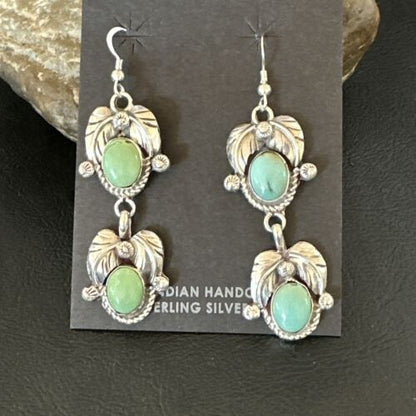 Navajo Blue Green Turquoise Dangle Earrings | Sterling Silver | 1.5" | Authentic Native American Handmade | 17386