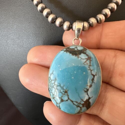 Men's Navajo Blue Spiderweb Turquoise Pendant Necklace | Sterling Silver | Authentic Native American Handmade | 16300