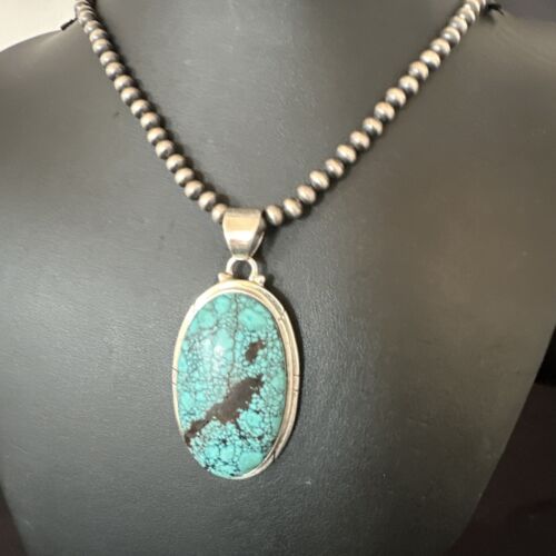 Men's Navajo Blue Spiderweb Turquoise Pendant Necklace | Sterling Silver | Native American Handmade | 16192