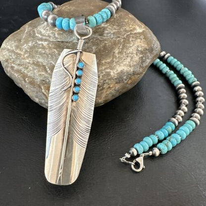 Men's Feather Turquoise Pendant | Navajo Sterling Silver Necklace 21" | Multi-Stone | 17445