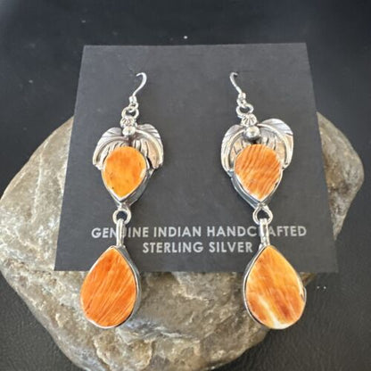 Navajo Orange Spiny Oyster Dangle Earrings | Sterling Silver | 1.5" | Authentic Native American Handmade | 16570
