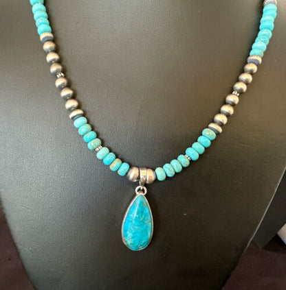 Navajo Blue Turquoise Pendant Necklace | Sterling Silver | Authentic Native American Handmade | 16652