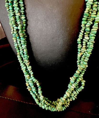 Navajo Green Turquoise Nugget Necklace | 5 Strand | Sterling Silver | Authentic Native American Handmade | 16321
