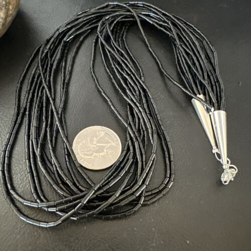 Black Onyx Heishi Tube Necklace | 10 Strand | 24" | Sterling Silver | 16067