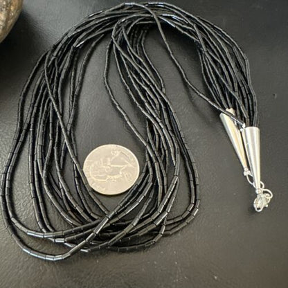 Black Onyx Heishi Tube Necklace | 10 Strand | 24" | Sterling Silver | 16067