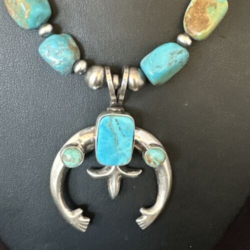 Navajo Blue Turquoise Naja Pendant Necklace | Sterling Silver | Authentic Native American Handmade | 15205