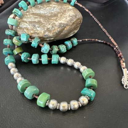 Navajo Blue Green Turquoise Heishi Bead Necklace | Sterling Silver | 24" | 16283