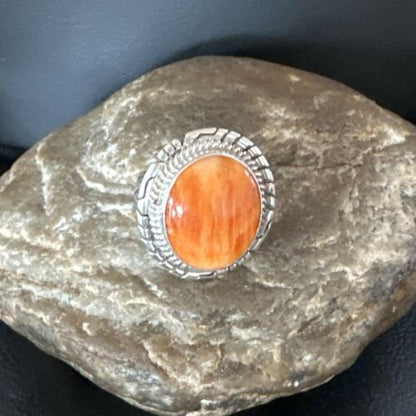 Navajo Orange Spiny Oyster Ring | Sterling Silver | Sz 7.5 | Authentic Native American Handmade | 16029