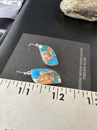 Navajo Blue Turquoise & Orange Spiny Oyster Inlay Dangle Earrings | Sterling Silver | 15585