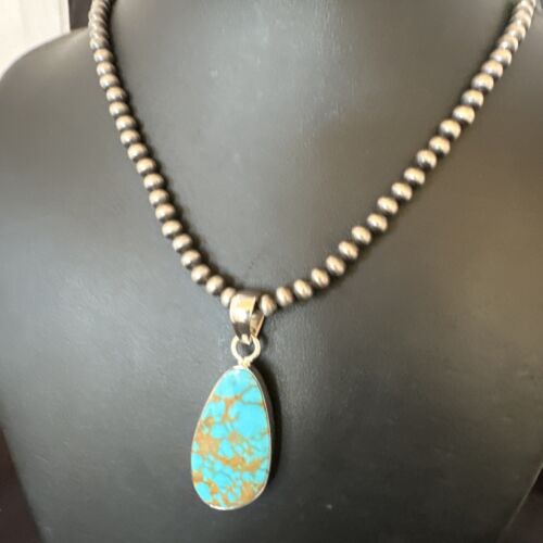 Navajo Blue Kingman Turquoise Pendant Necklace | Sterling Silver Pearls | 20" | Authentic Native American Handmade | 16673
