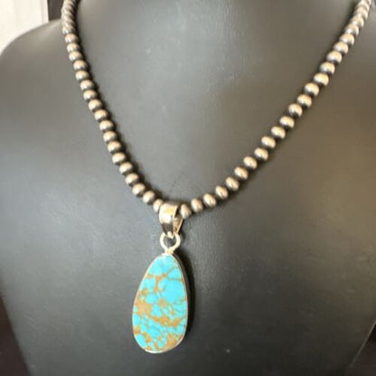 Navajo Blue Kingman Turquoise Pendant Necklace | Sterling Silver Pearls | 20" | Authentic Native American Handmade | 16673