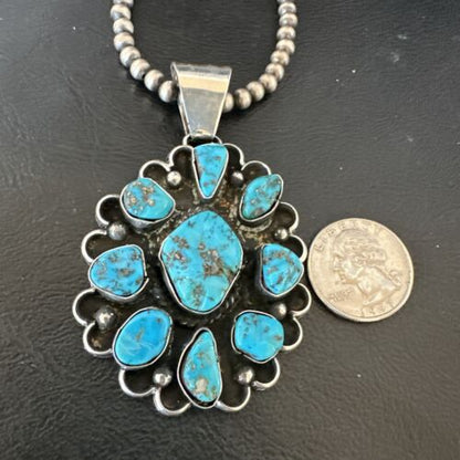 Navajo Blue Kingman Turquoise Cluster Pendant | Sterling Silver | 3" | Authentic Native American Handmade | 17417
