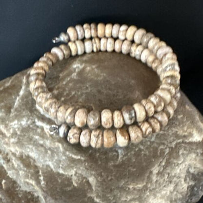 Navajo Brown Picture Jasper Bead Bracelet | 6mm | Sterling Silver | Authentic Native American Handmade | 15244 - Masha USA