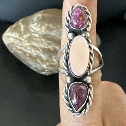 Navajo Purple Spiny Oyster & Mother of Pearl Cluster Ring | Authentic Native American Sterling Silver | Multi-Stone | Sz 7 | 17646