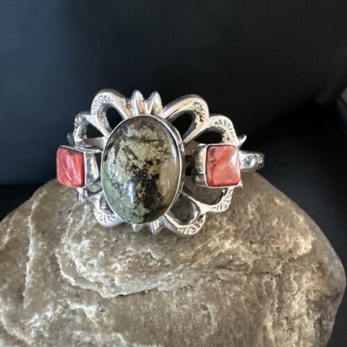 Navajo Green Turquoise & Coral Tufa Cast Cuff Bracelet | Sterling Silver | Authentic Native American Handmade | 16777