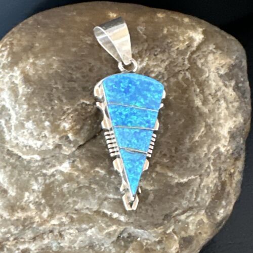 Navajo Arrowhead Blue Opal Inlay Pendant Necklace | Sterling Silver | Authentic Native American Handmade | 15677