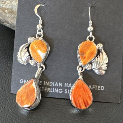 Navajo Orange Spiny Oyster Dangle Earrings | Sterling Silver | 1.5" | Authentic Native American Handmade | 16568