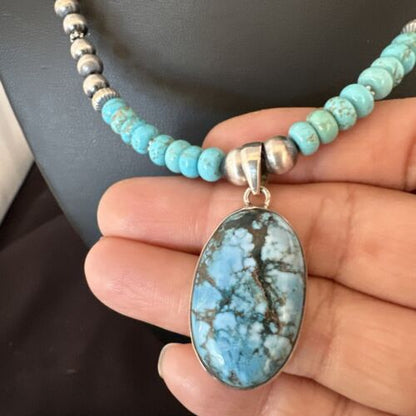 Navajo Men's Blue Spiderweb Turquoise Pendant Necklace | Sterling Silver | Authentic Native American Handmade | 17115 - Masha USA