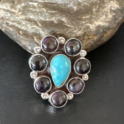 Navajo Blue Kingman Turquoise and Sugilite Cluster Ring | Authentic Native American Sterling Silver | Multi-Stone | Sz 9.5 | 16771