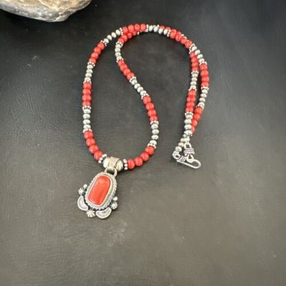 Southwestern Navajo Red Coral Pendant Necklace | Sterling Silver Pearls | 21" | 17538
