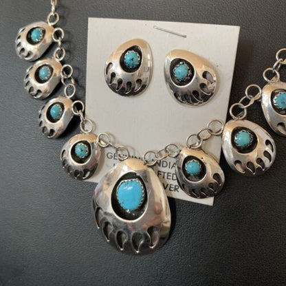 Navajo Blue Turquoise Bear Paw Shadow Box Necklace & Earring Set | Sterling Silver | Authentic Native American Handmade | 17466