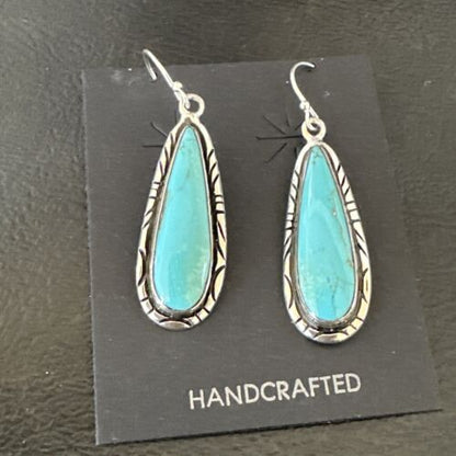 Navajo Blue Turquoise Dangle Earrings | Sterling Silver | Authentic Native American Handmade | 16511