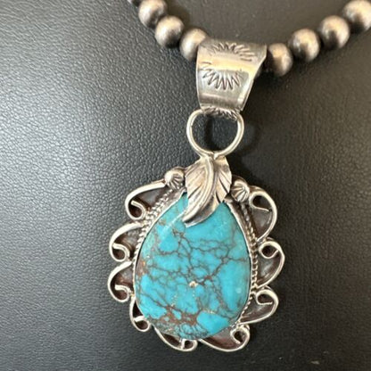 Men's Blue Kingman Turquoise Pendant Necklace | Navajo Pearls | Sterling Silver | 16017