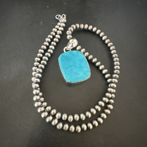 Blue Kingman Turquoise Pendant | Navajo Pearls | Sterling Silver Necklace 20" | 16697