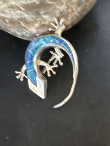 Navajo Blue Opal Lizard Pin Pendant | Inlay Gecko | Sterling Silver | Authentic Native American Handmade | 15194