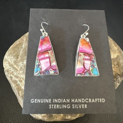 Navajo Blue Turquoise Purple Spiny Oyster Inlay Dangle Earrings | Sterling Silver | 15563