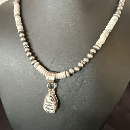 Navajo White Buffalo Turquoise Pendant Necklace | Sterling Silver | Authentic Native American Handmade | 17349