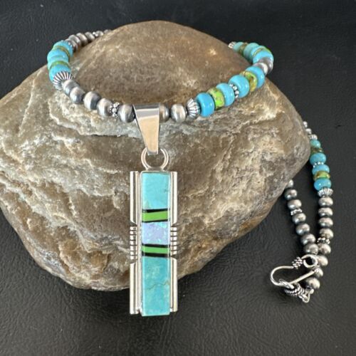 Navajo Green Gaspeite Turquoise Inlay Pendant Necklace | Sterling Silver | Authentic Native American Handmade | 16013