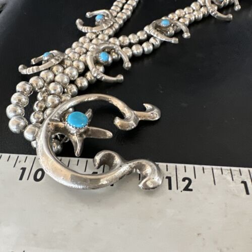 Navajo Blue Turquoise Naja Pendant Squash Blossom Necklace | Sterling Silver | Authentic Native American Handmade | 16172