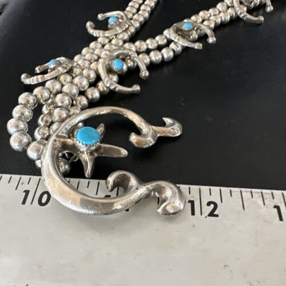 Navajo Blue Turquoise Naja Pendant Squash Blossom Necklace | Sterling Silver | Authentic Native American Handmade | 16172