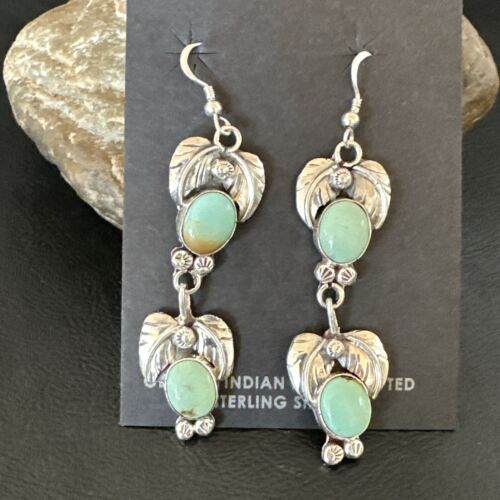 Navajo Blue Green Turquoise Dangle Earrings | Sterling Silver | 1.5" | Authentic Native American Handmade | 17385